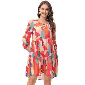 MCEDAR Tunic Tie-Neck Long Sleeve Tiered Mini Swing Dresses With Pockets Sz XL